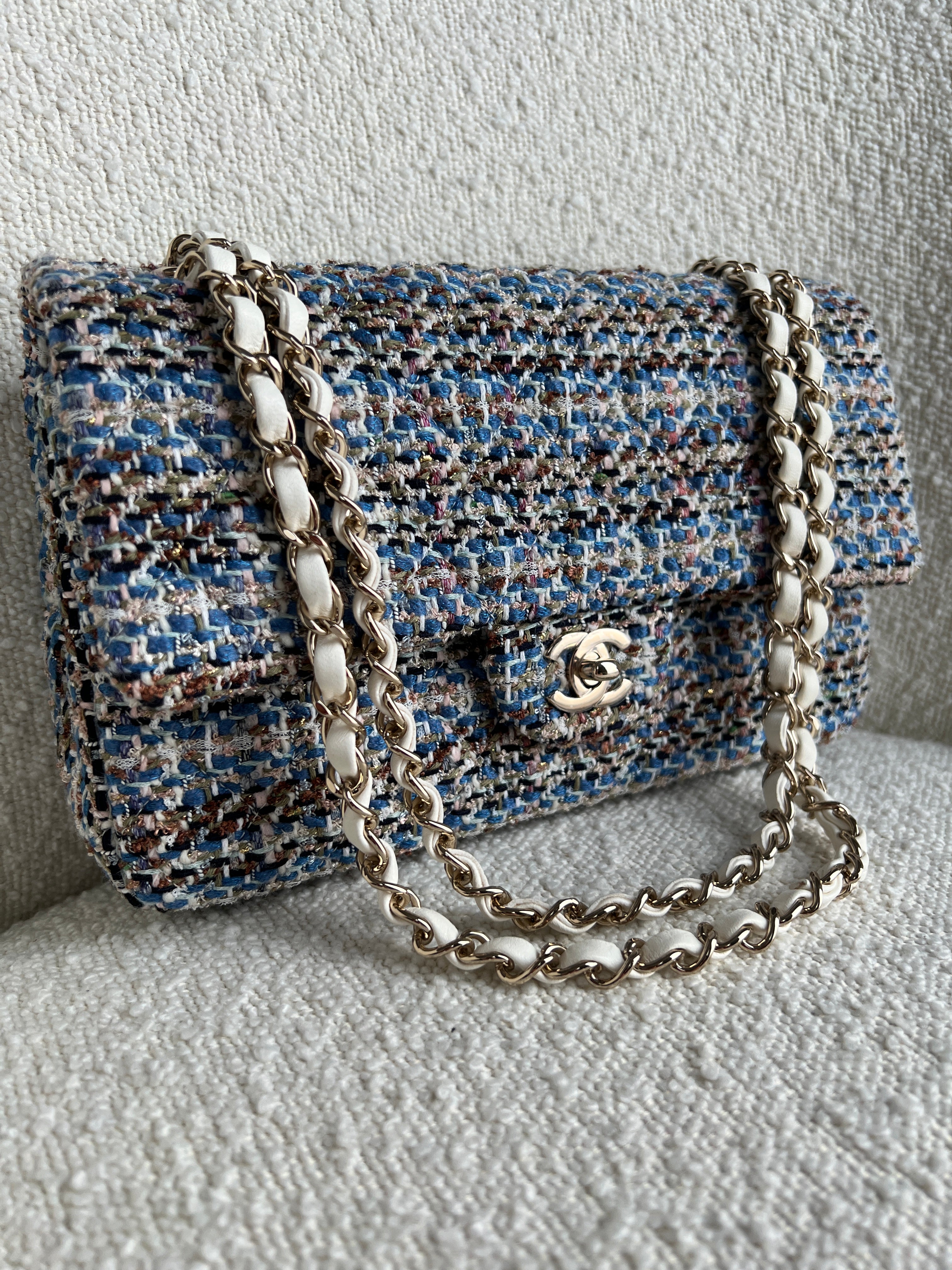 Chanel Vintage Pearl Chain Classic Double Flap Bag Quilted Tweed Medium