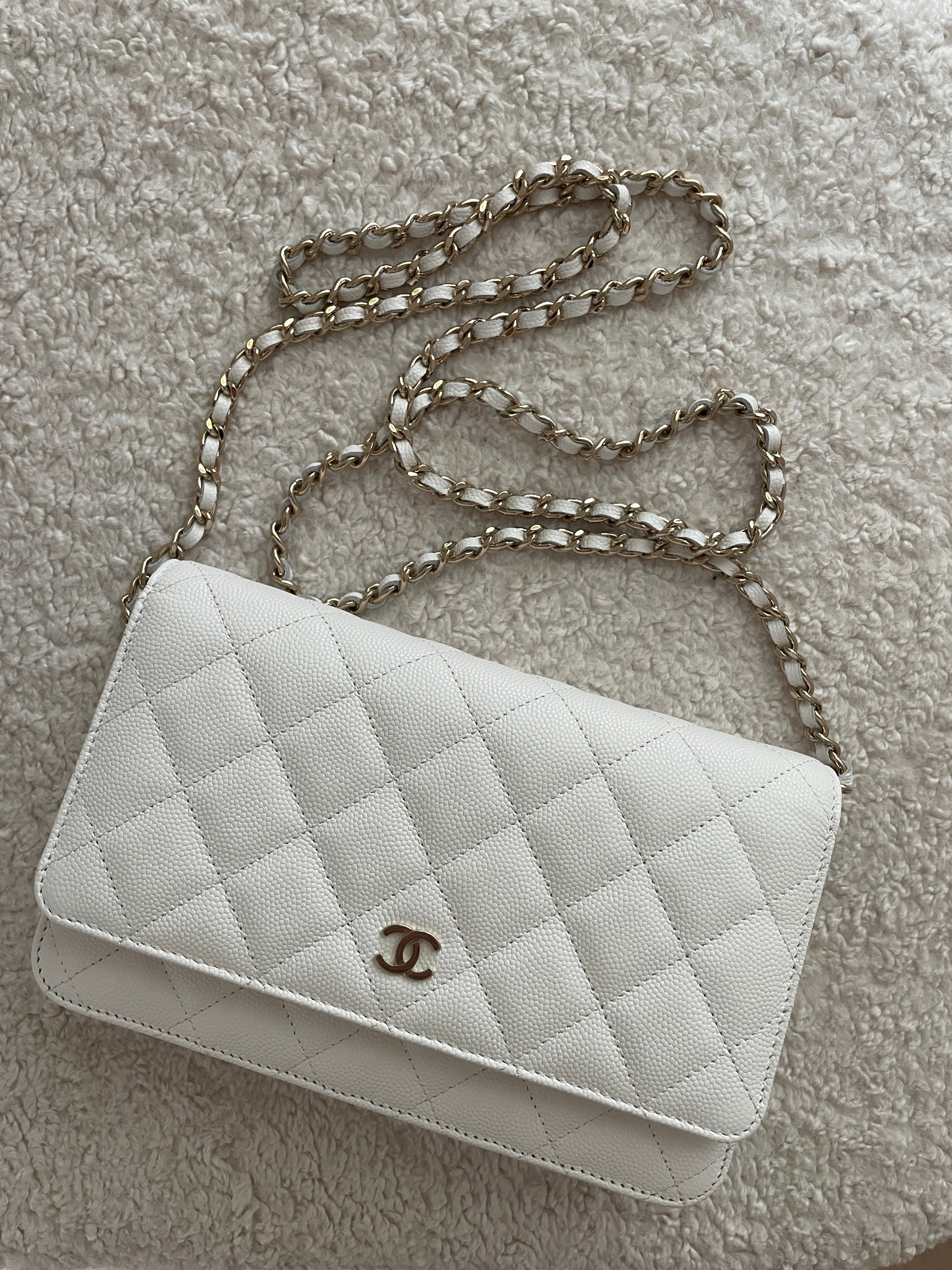 Chanel Crystal Woven CC Wallet on Chain Quilted Caviar White 2299811